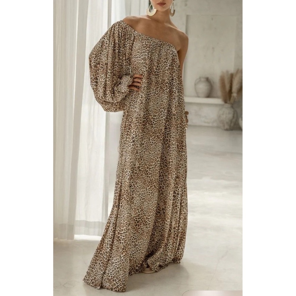 Erika Pena Dress Size OS Brown Animal Leopard Print One Shoulder Maxi‎